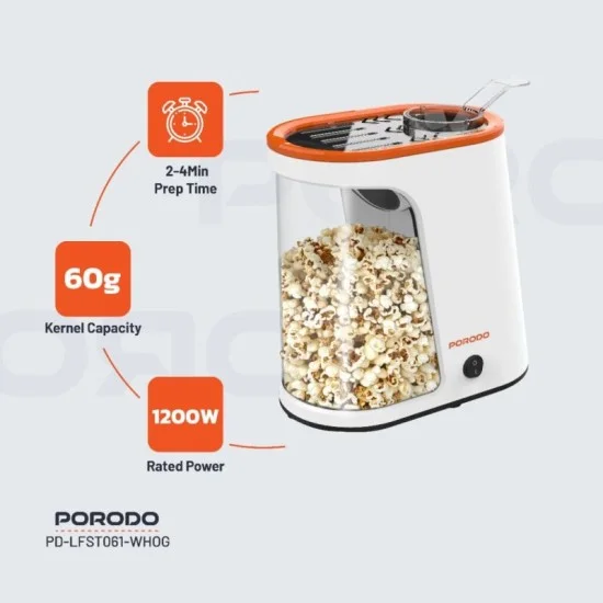 Porodo Popcorn Maker - Healthy and Easy to Use - White Orange